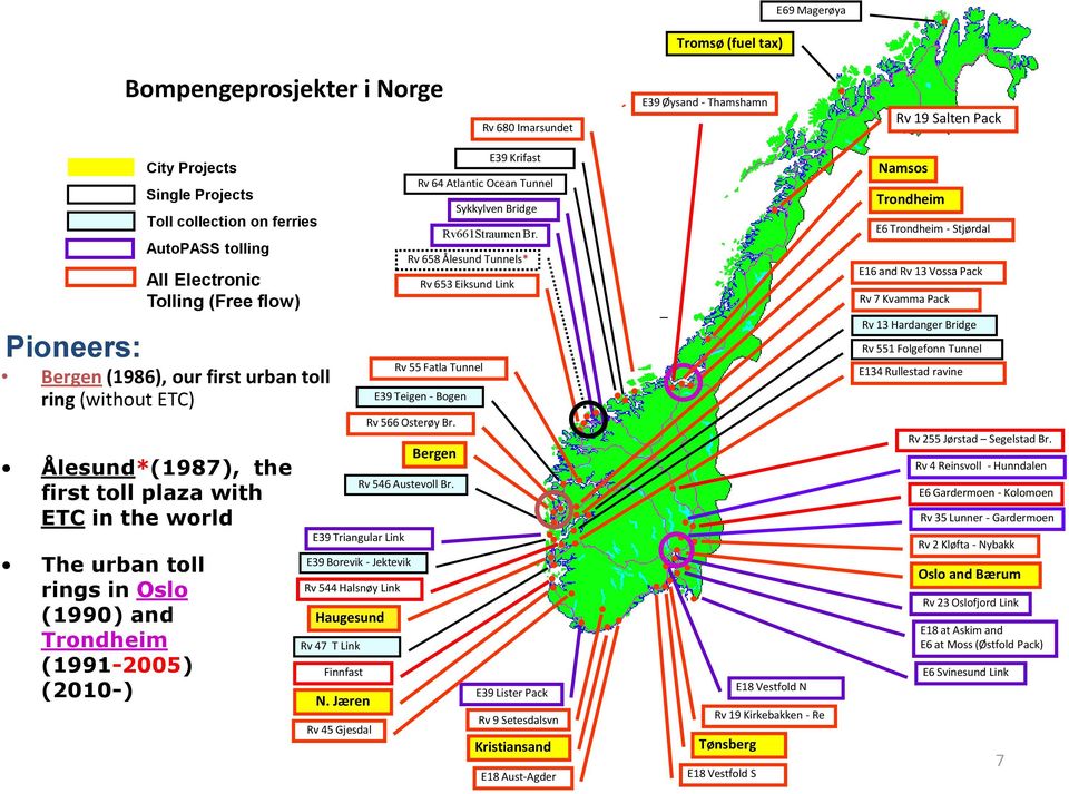 Trondheim (1991-2005) (2010-) E39 Triangular Link N. Jæren Rv 45 Gjesdal Bergen E39 Krifast Rv 658 Ålesund Tunnels* Rv 566 Osterøy Br. Rv 546 Austevoll Br.