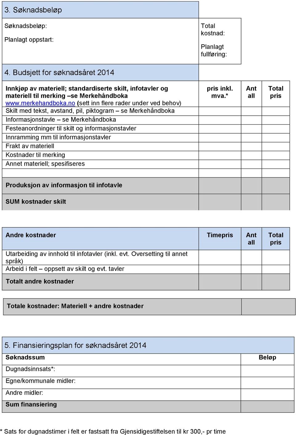 no (sett inn flere rader under ved behov) Skilt med tekst, avstand, pil, piktogram se Merkehåndboka Informasjonstavle se Merkehåndboka Festeanordninger til skilt og informasjonstavler Innramming mm