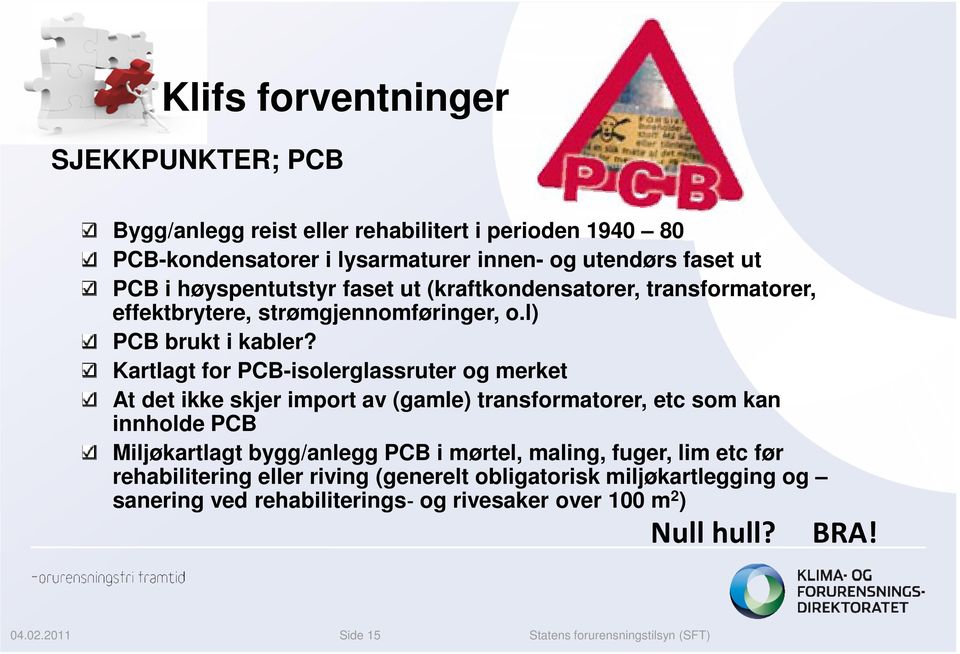 Kartlagt for PCB-isolerglassruter og merket At det ikke skjer import av (gamle) transformatorer, etc som kan innholde PCB Miljøkartlagt bygg/anlegg PCB i mørtel,