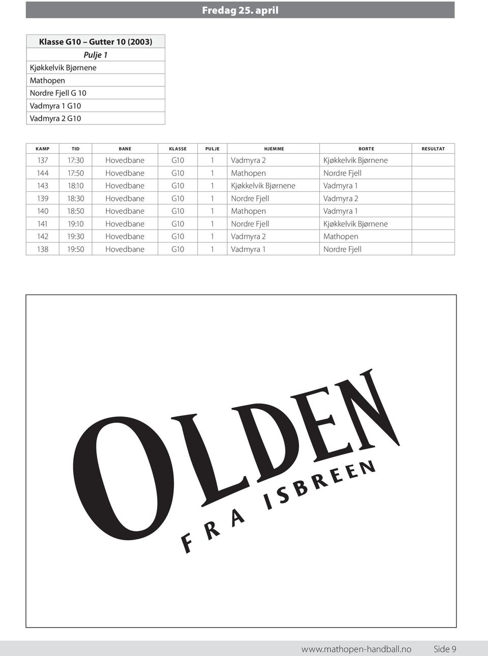 PULJE HJEMME BORTE RESULTAT 37 7:30 Hovedbane G0 Vadmyra 2 Kjøkkelvik Bjørnene 44 7:50 Hovedbane G0 Nordre Fjell 43 8:0