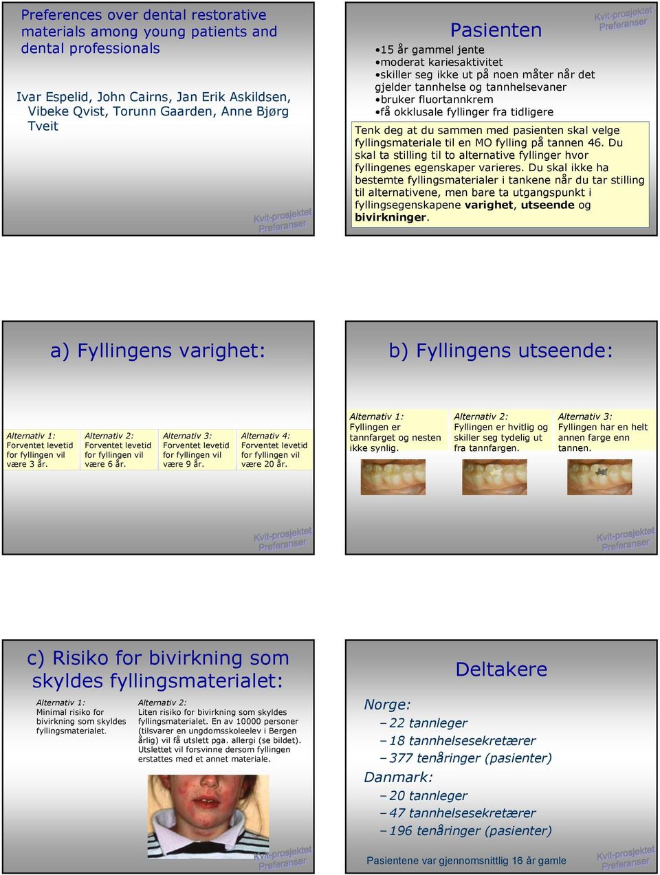 med pasienten skal velge fyllingsmateriale til en MO fylling på tannen 46. Du skal ta stilling til to alternative fyllinger hvor fyllingenes egenskaper varieres.