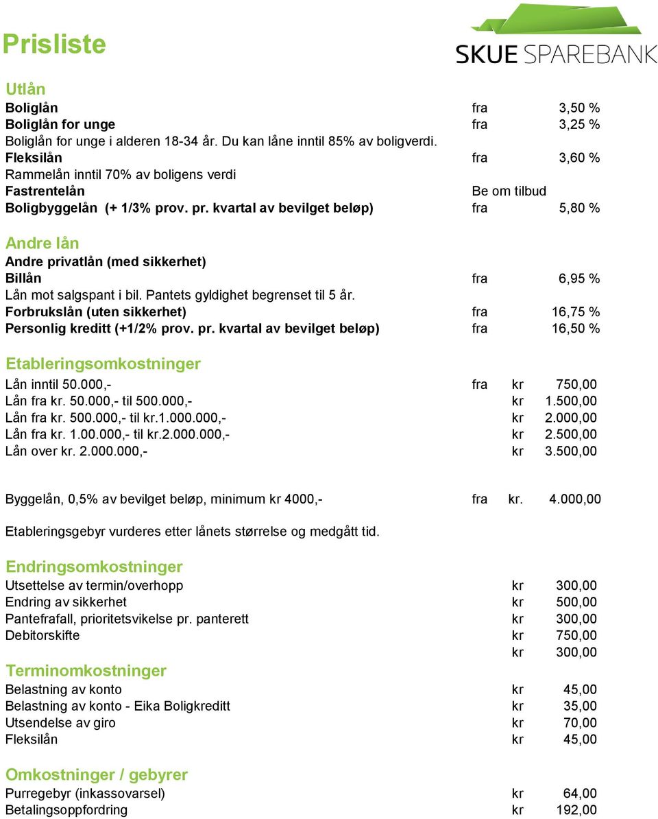 v. pr. kvartal av bevilget beløp) fra 5,80 % Andre lån Andre privatlån (med sikkerhet) Billån fra 6,95 % Lån mot salgspant i bil. Pantets gyldighet begrenset til 5 år.