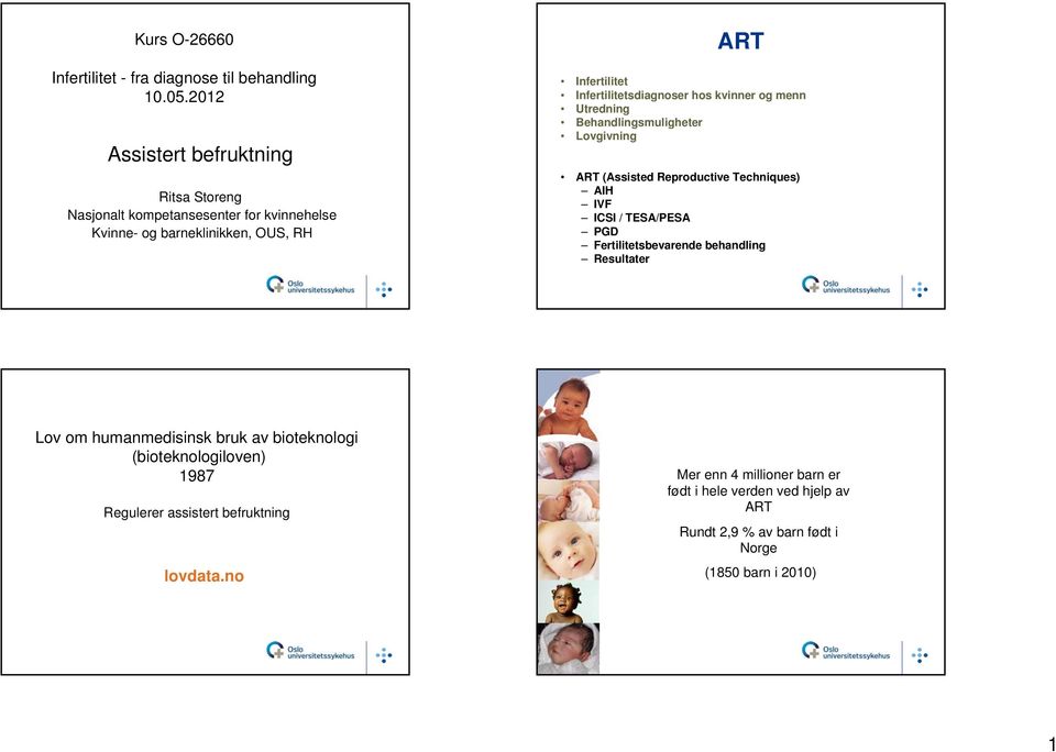 Infertilitetsdiagnoser hos kvinner og menn tredning Behandlingsmuligheter Lovgivning ART (Assisted Reproductive Techniques) AIH IVF ICSI / TESA/PESA PGD