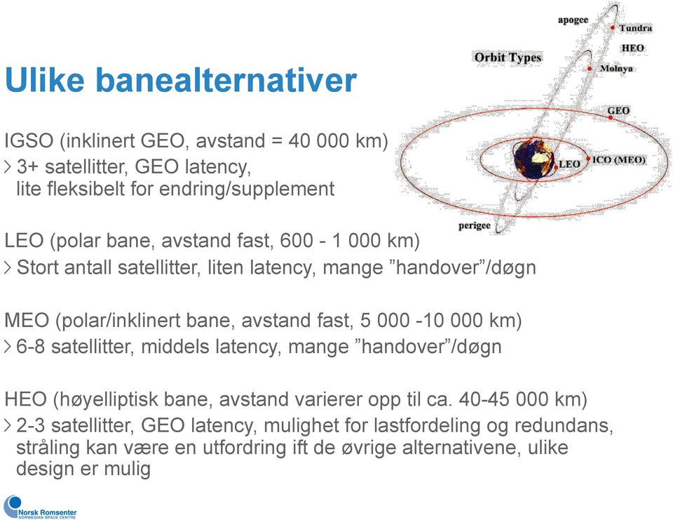 Stort antall satellitter, liten latency, mange handover /døgn MEO (polar/inklinert bane, avstand fast, 5 000-10 000 km)!