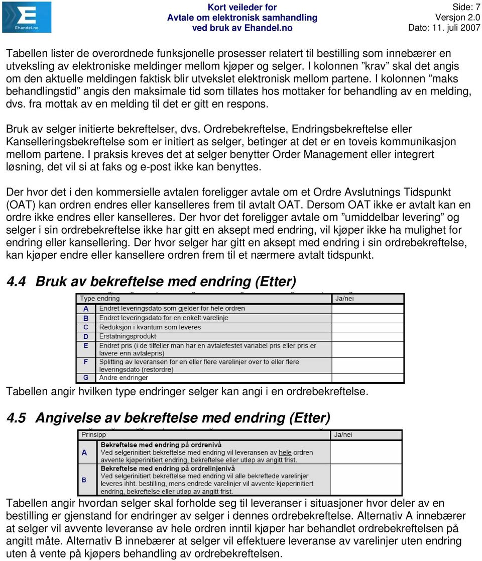 I kolonnen maks behandlingstid angis den maksimale tid som tillates hos mottaker for behandling av en melding, dvs. fra mottak av en melding til det er gitt en respons.