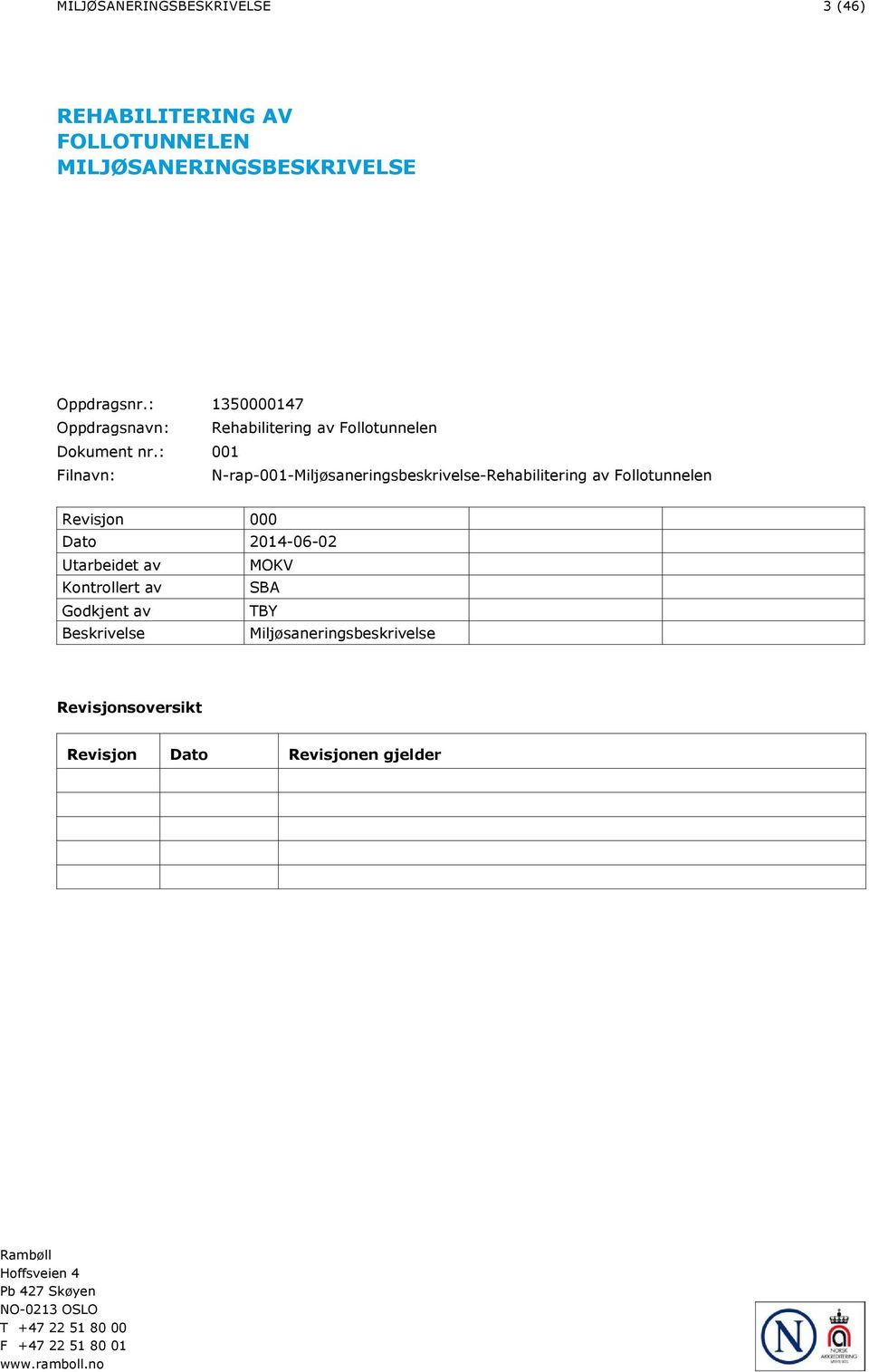 : 001 Filnavn: N-rap-001-Miljøsaneringsbeskrivelse-Rehabilitering av Follotunnelen Revisjon 000 Dato 2014-06-02 Utarbeidet av