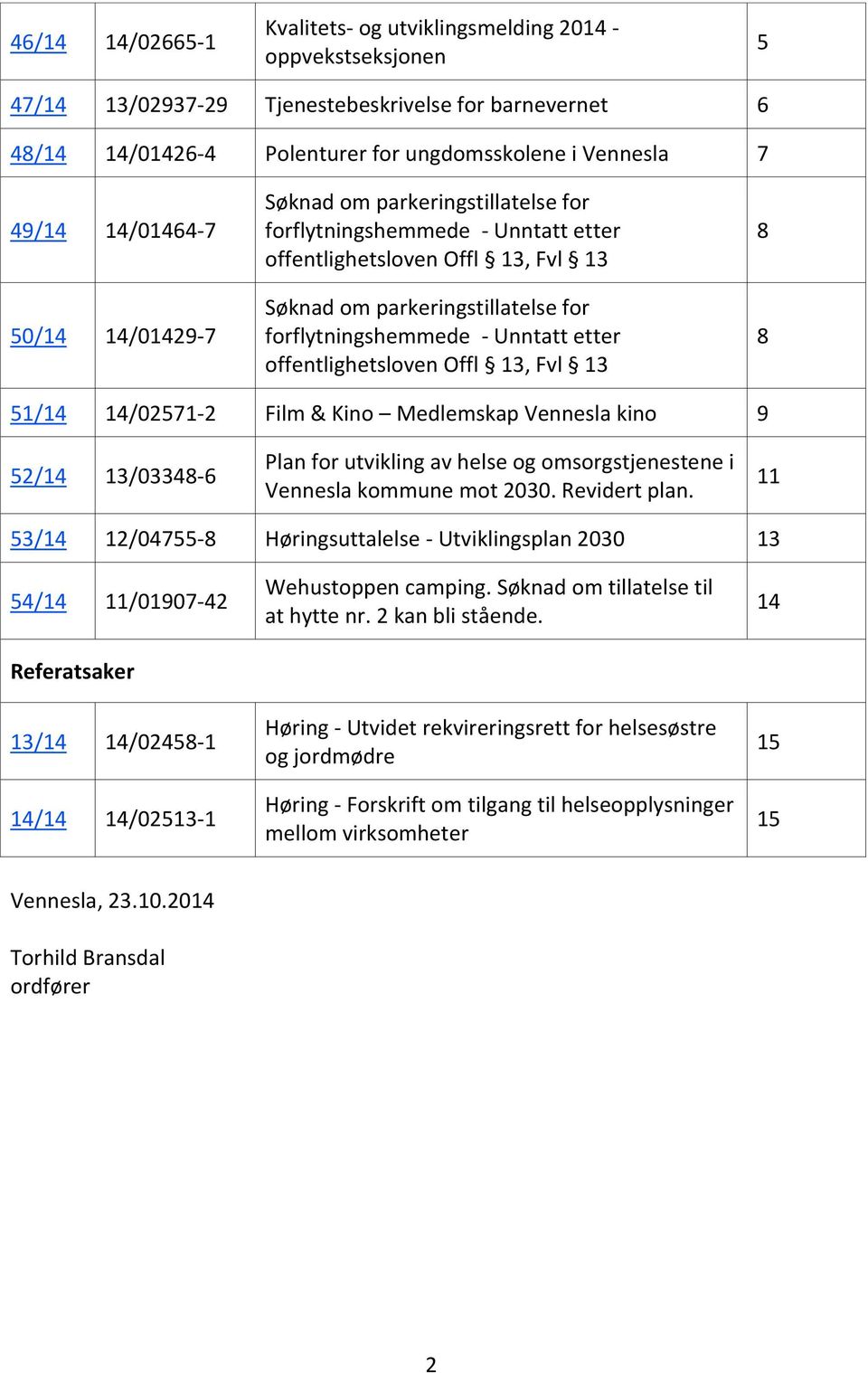 etter offentlighetsloven Offl 13, Fvl 13 8 8 51/14 14/02571-2 Film & Kino Medlemskap Vennesla kino 9 52/14 13/03348-6 Plan for utvikling av helse og omsorgstjenestene i Vennesla kommune mot 2030.