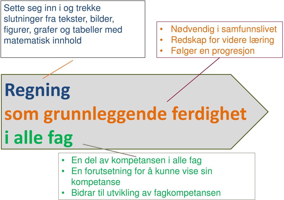 progresjon Regning som grunnleggende ferdighet i alle fag En del av kompetansen i alle