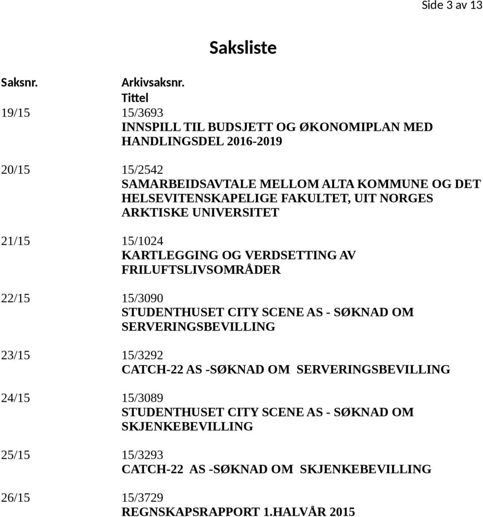 HELSEVITENSKAPELIGE FAKULTET, UIT NORGES ARKTISKE UNIVERSITET 21/15 15/1024 KARTLEGGING OG VERDSETTING AV FRILUFTSLIVSOMRÅDER 22/15 15/3090 STUDENTHUSET