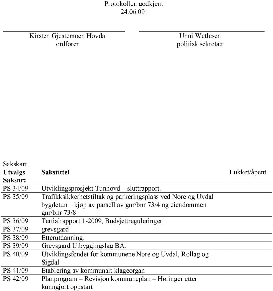 41/09 PS 42/09 Sakstittel Utviklingsprosjekt Tunhovd sluttrapport.