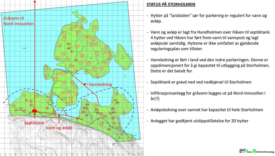 Hyttene er ikke omfattet av gjeldende reguleringsplan som tillater - Vannledning er ført i land ved den indre parkeringen.