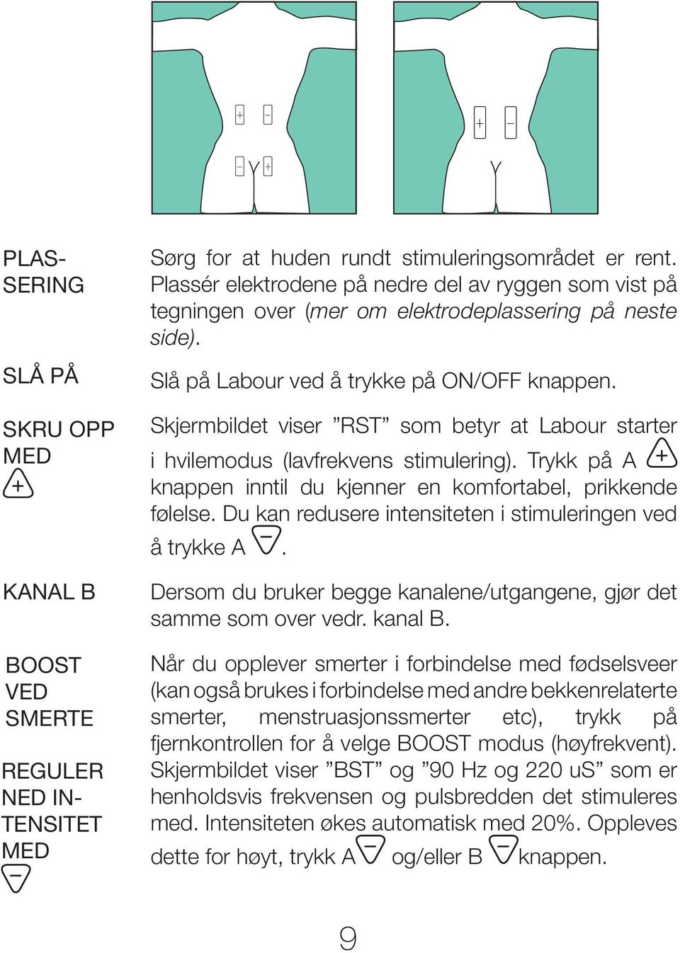 Skjermbildet viser RST som betyr at Labour starter i hvilemodus (lavfrekvens stimulering). Trykk på A knappen inntil du kjenner en komfortabel, prikkende følelse.