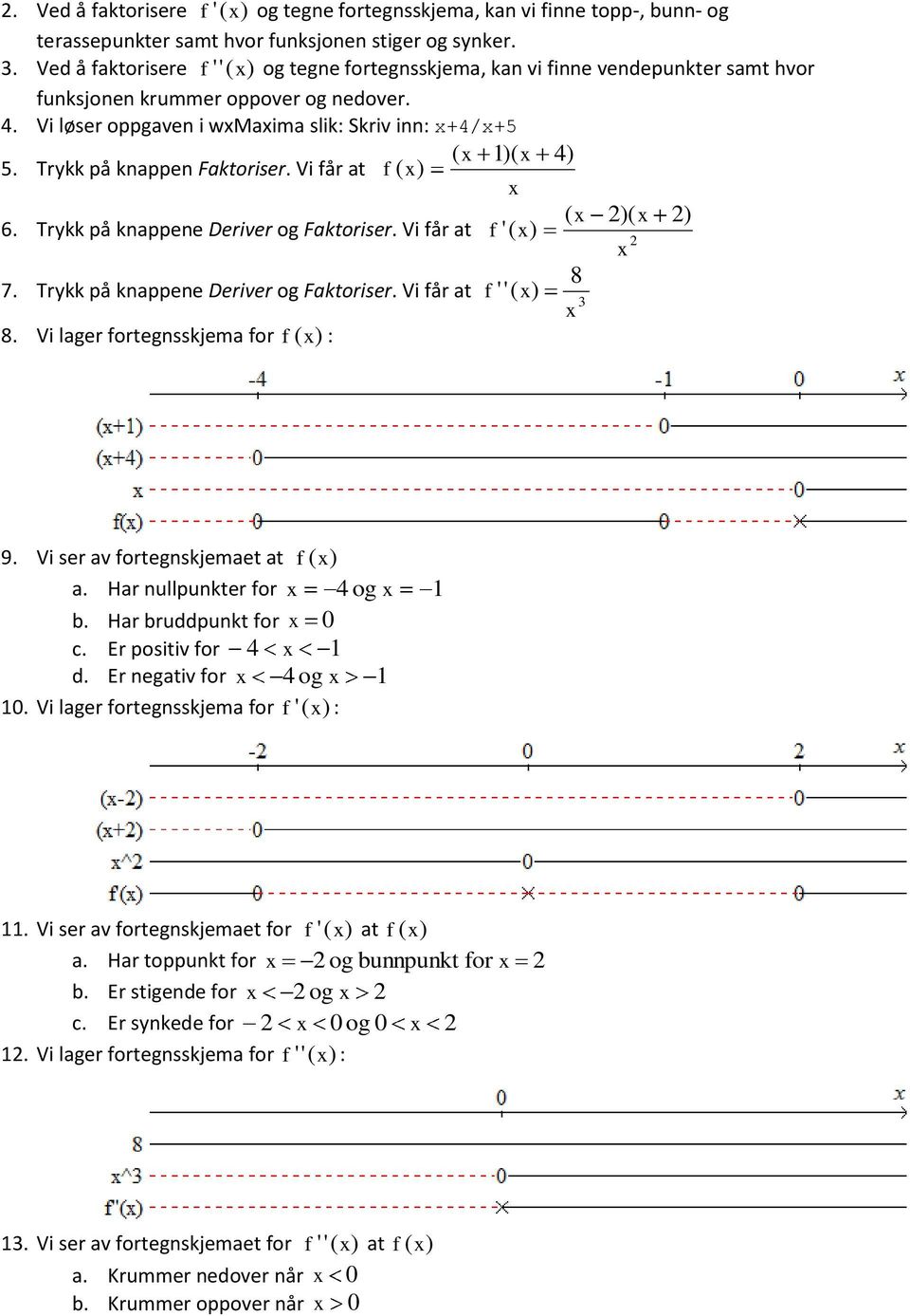 Trykk på knappen Faktoriser. Vi får at f ( x ( x 2)( x 2) 6. Trykk på knappene Deriver og Faktoriser. Vi får at f '( 2 x 8 7. Trykk på knappene Deriver og Faktoriser. Vi får at f ''( 3 x 8.