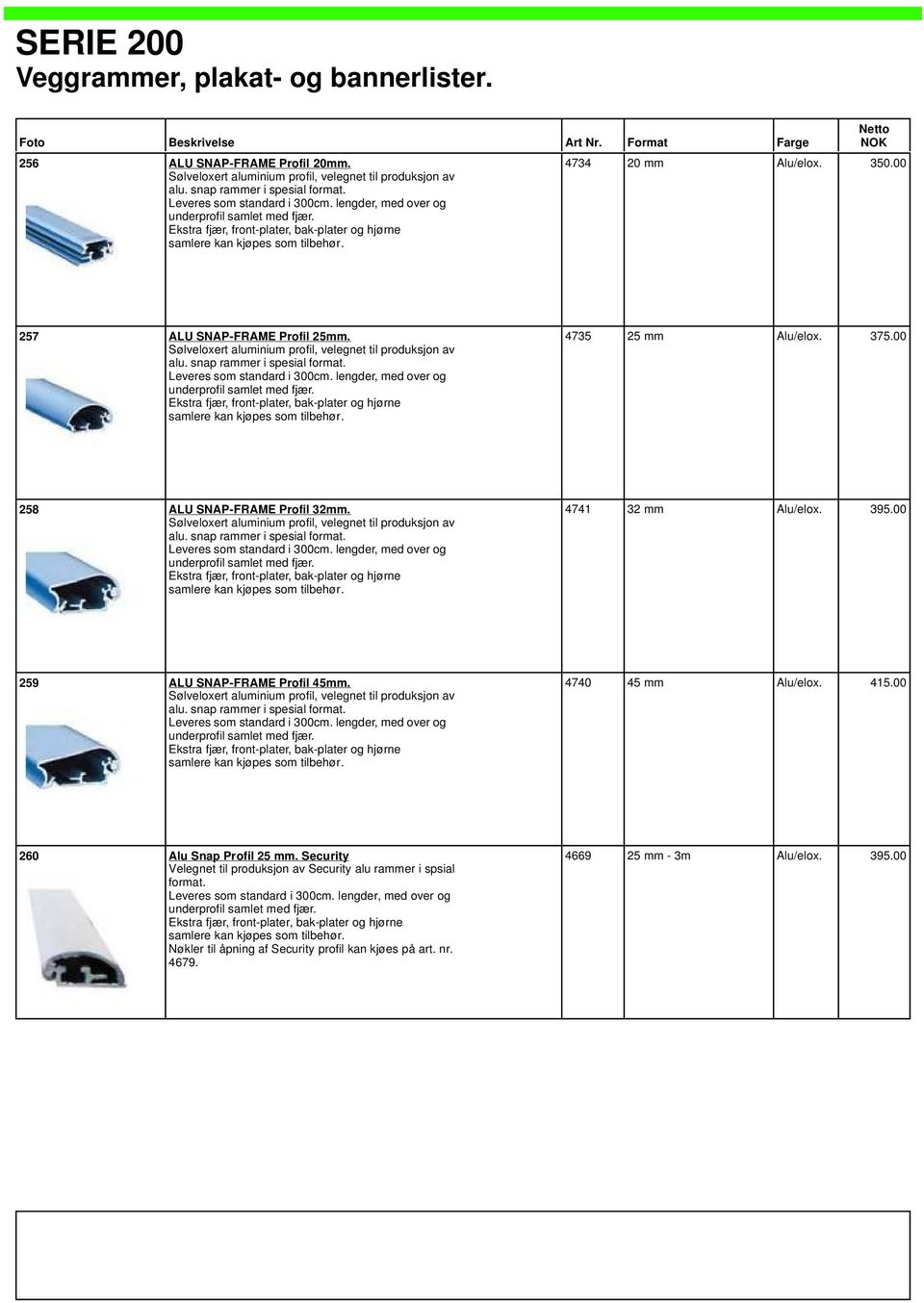 Sølveloxert aluminium profil, velegnet til produksjon av alu. snap rammer i spesial format. Leveres som standard i 300cm. lengder, med over og underprofil samlet med fjær.