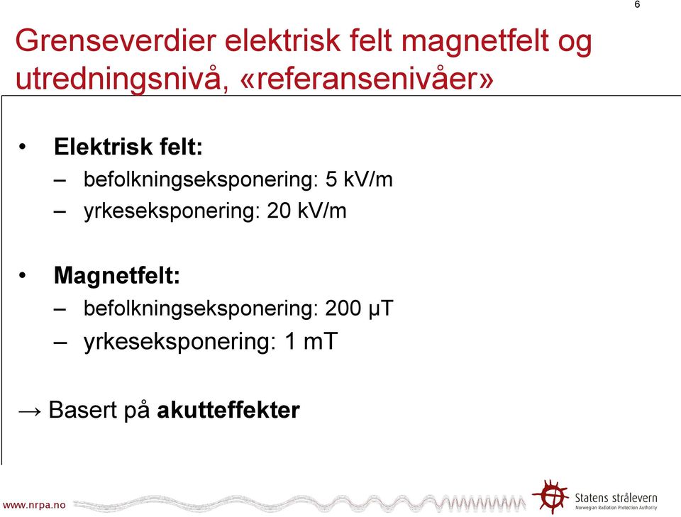 kv/m yrkeseksponering: 20 kv/m Magnetfelt:
