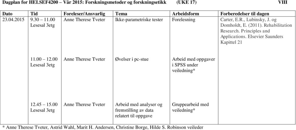 00 Lesesal 3etg Øvelser i pc-stue Arbeid med oppgaver i SPSS under 12.45 15.