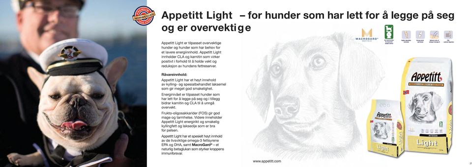 CLA and Karnitin for improved weight control Appetitt Light har et høyt innehold av kylling- og spesialbehandlet laksemel som gir meget god smakelighet.