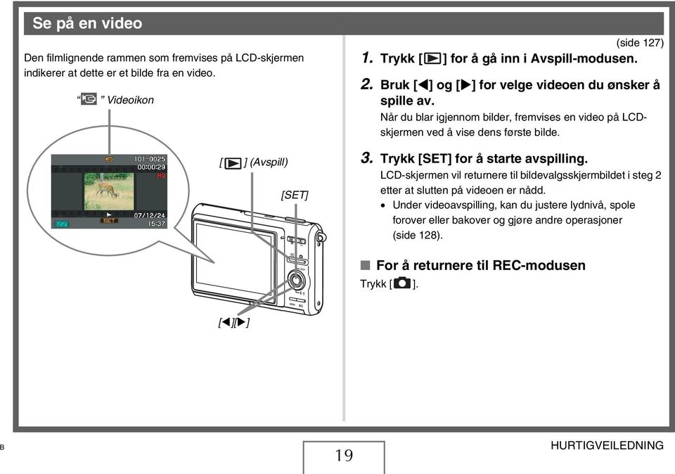 Når du blar igjennom bilder, fremvises en video på LCDskjermen ved å vise dens første bilde. 3. Trykk [SET] for å starte avspilling.