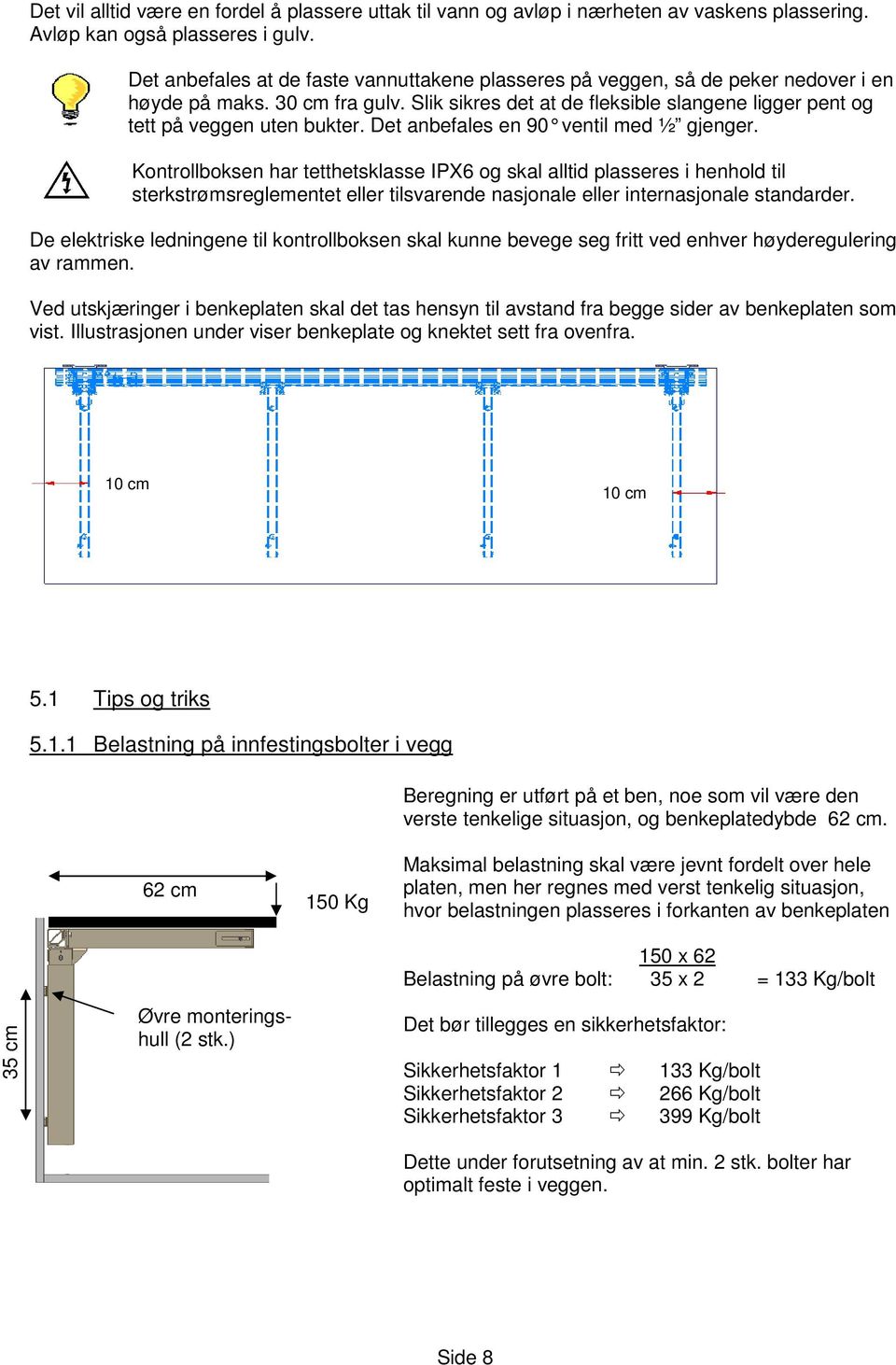 Det anbefales en 90 ventil med ½ gjenger.