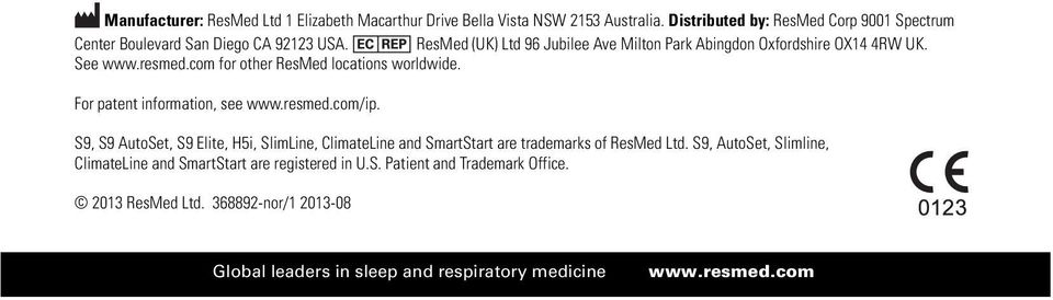 See www.resmed.com for other ResMed locations worldwide. For patent information, see www.resmed.com/ip.