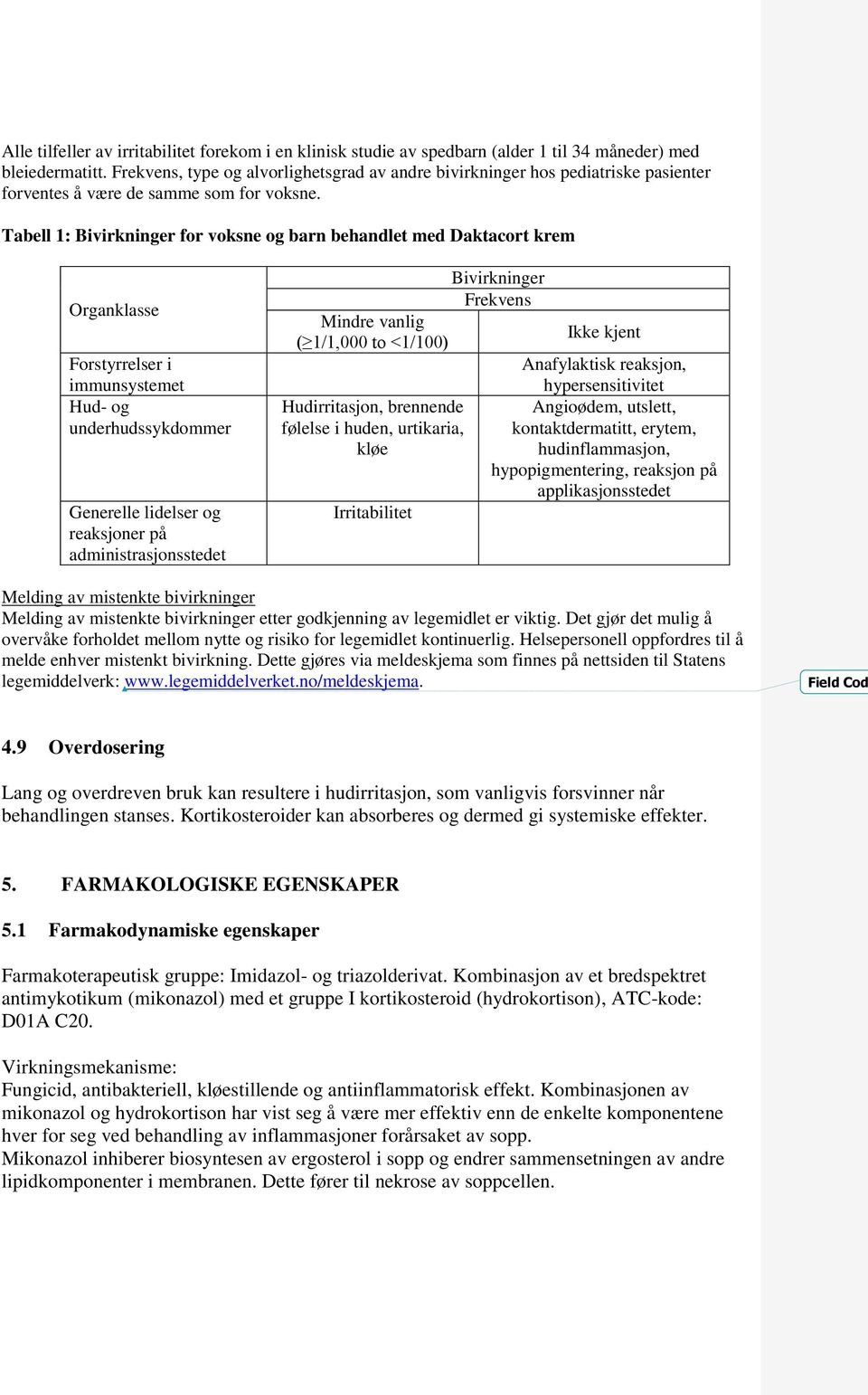 Tabell 1: Bivirkninger for voksne og barn behandlet med Daktacort krem Organklasse Forstyrrelser i immunsystemet Hud- og underhudssykdommer Generelle lidelser og reaksjoner på administrasjonsstedet