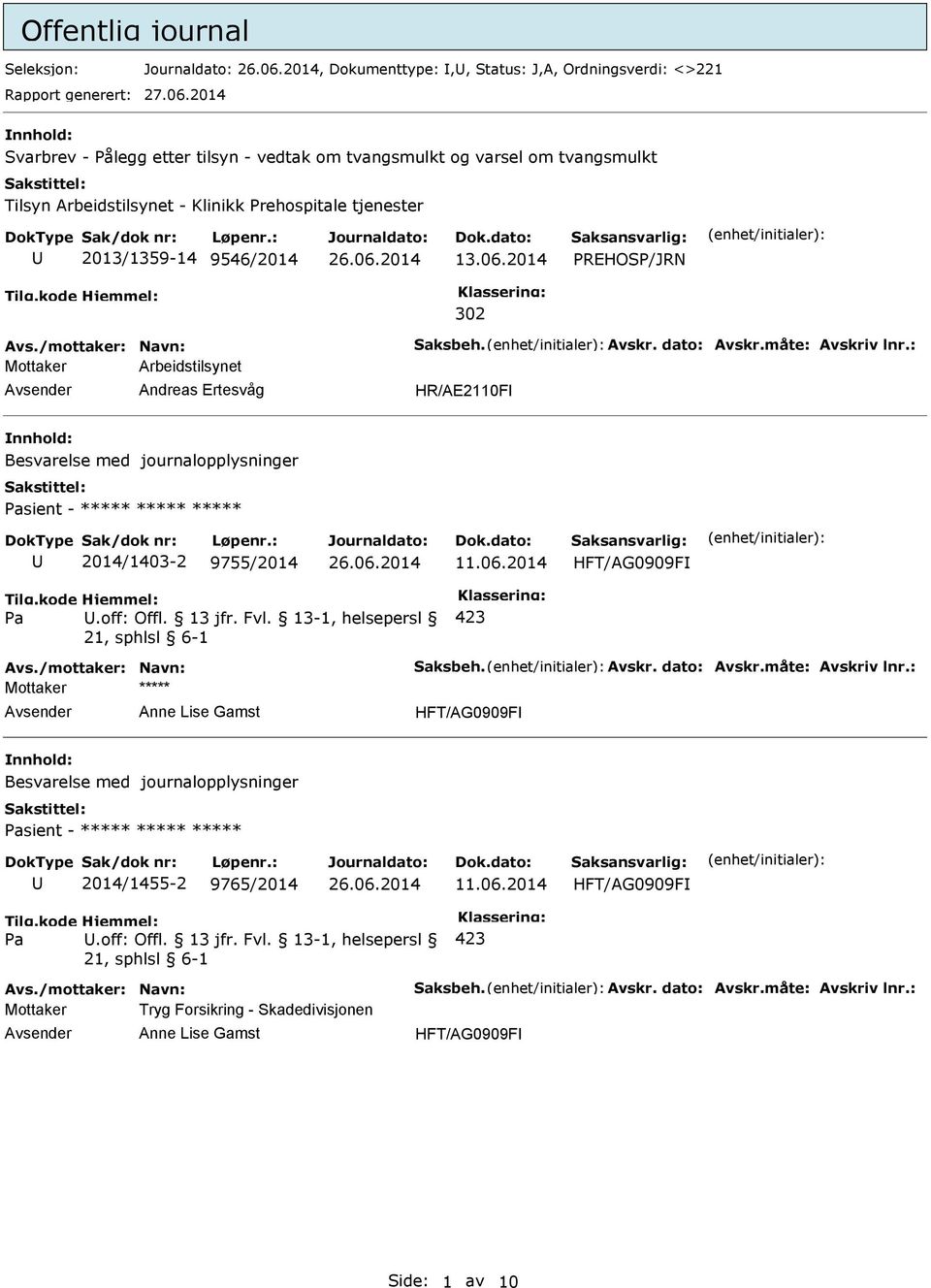 2014 PREHOSP/JRN 302 Mottaker Arbeidstilsynet Andreas Ertesvåg HR/AE0F Besvarelse med journalopplysninger sient - ***** ***** ***** 2014/1403-2 9755/2014 11.06.2014 HFT/AG0909F.off: Offl.