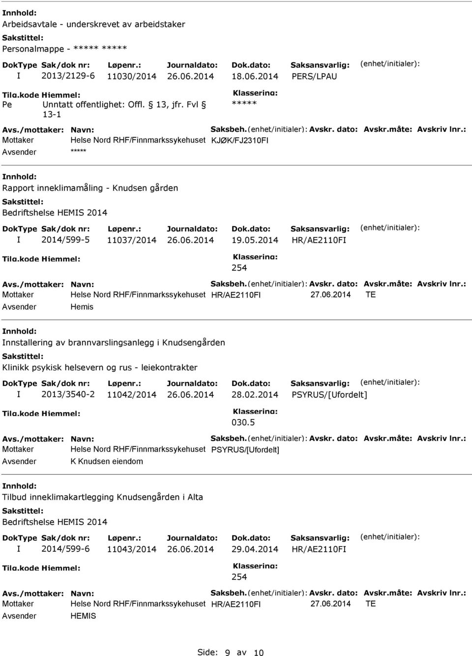 2014 HR/AE0F 254 Mottaker Helse Nord RHF/Finnmarkssykehuset HR/AE0F 27.06.