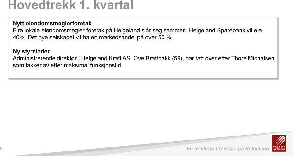 Helgeland Sparebank vil eie 40%. Det nye selskapet vil ha en markedsandel på over 50 %.