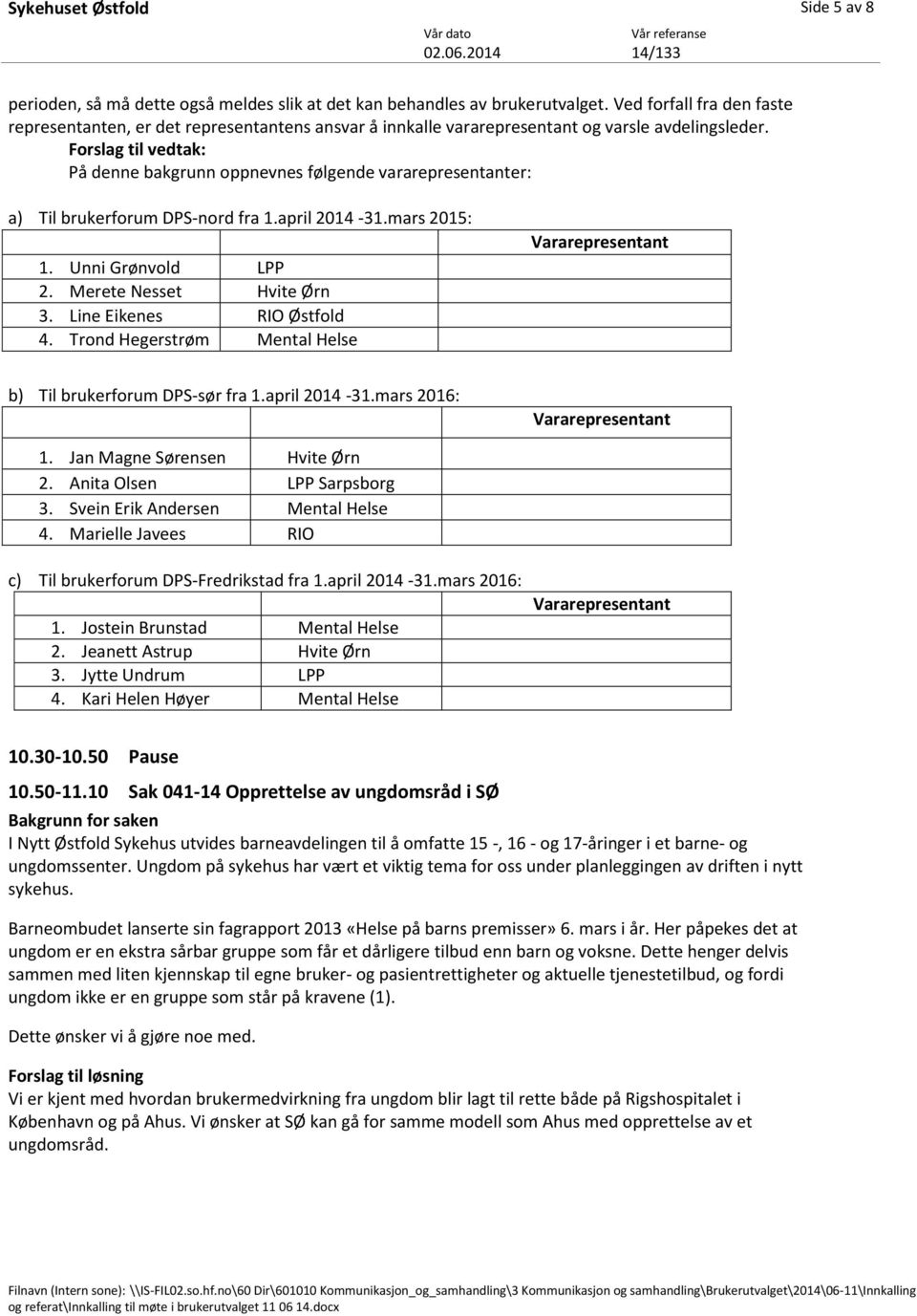 På denne bakgrunn oppnevnes følgende vararepresentanter: a) Til brukerforum DPS-nord fra 1.april 2014-31.mars 2015: 1. Unni Grønvold LPP 2. Merete Nesset Hvite Ørn 3. Line Eikenes RIO Østfold 4.