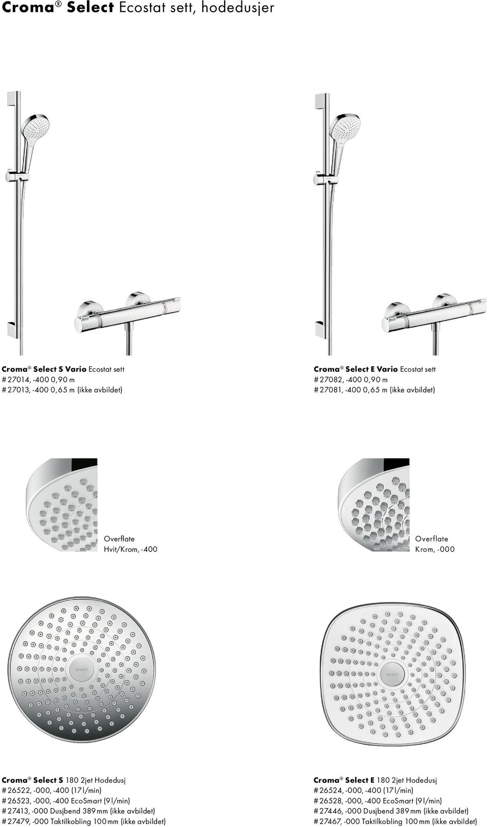 -400 (17 l/min) # 26523, -000, -400 EcoSmart (9 l/min) # 27413, -000 Dusjbend 389 mm # 27479, -000 Taktilkobling 100 mm Croma Select E 180