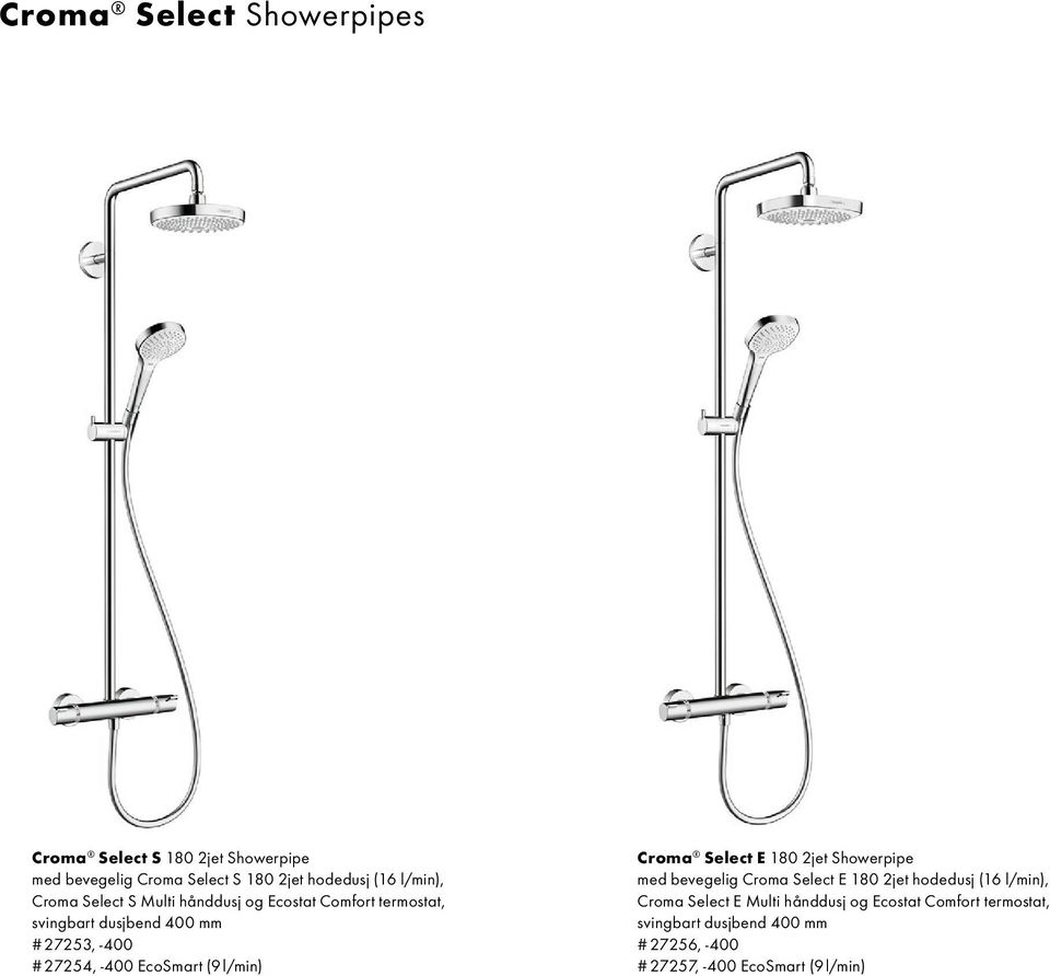 EcoSmart (9 l/min) Croma Select E 180 2jet Showerpipe med bevegelig Croma Select E 180 2jet hodedusj (16 l/min), Croma