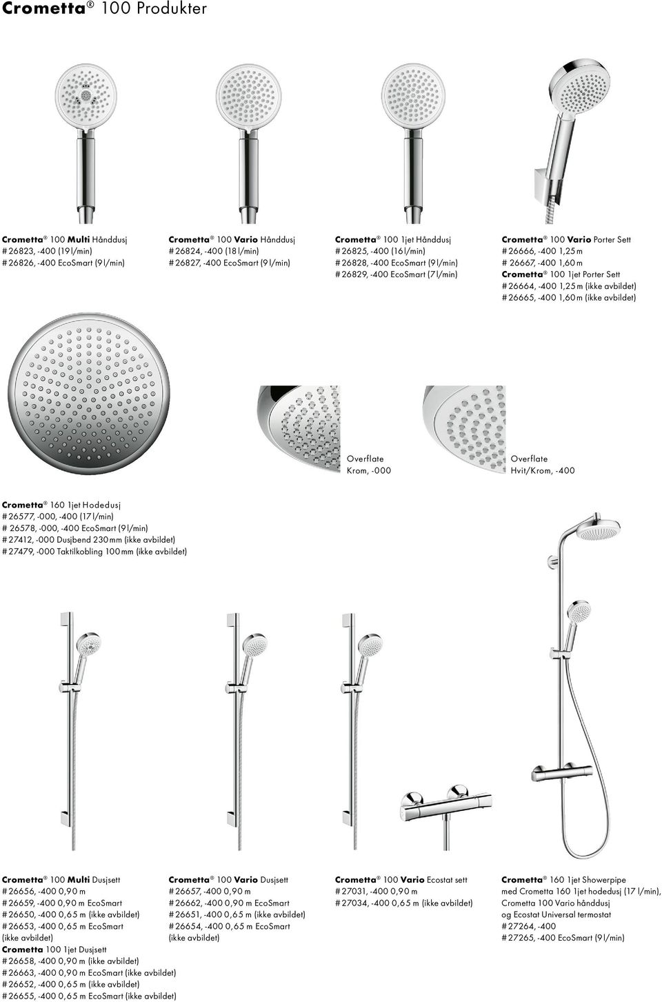 100 1jet Porter Sett # 26664, -400 1,25 m # 26665, -400 1,60 m Overflate Krom, -000 Overflate Hvit/Krom, -400 Crometta 160 1jet Hodedusj # 26577, -000, -400 (17 l/min) # 26578, -000, -400 EcoSmart (9