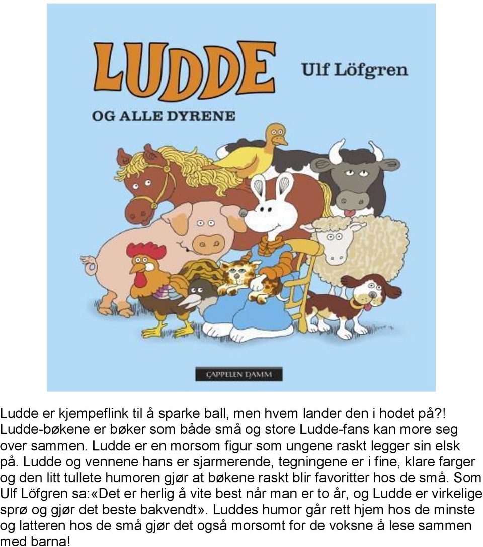 Ludde og vennene hans er sjarmerende, tegningene er i fine, klare farger og den litt tullete humoren gjør at bøkene raskt blir favoritter hos de små.