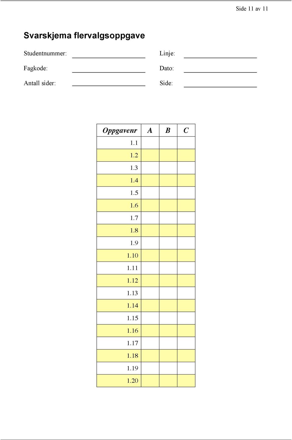 Studentnummer: Fagkode: Antall sider: Linje: Dato: Side: