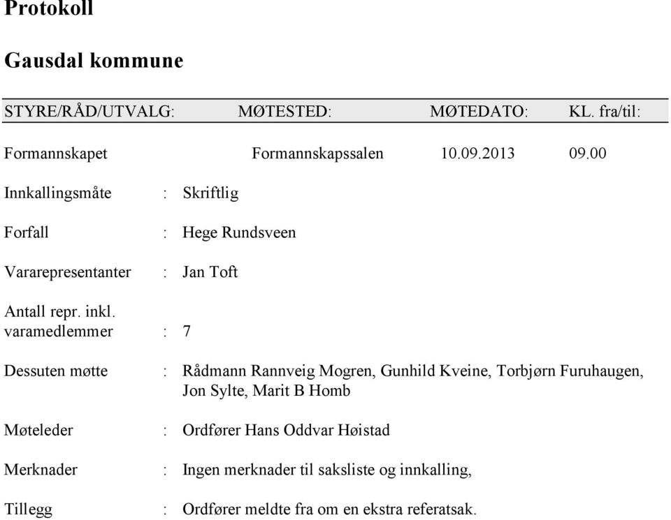 varamedlemmer : 7 Dessuten møtte Møteleder Merknader Tillegg : Rådmann Rannveig Mogren, Gunhild Kveine, Torbjørn Furuhaugen,