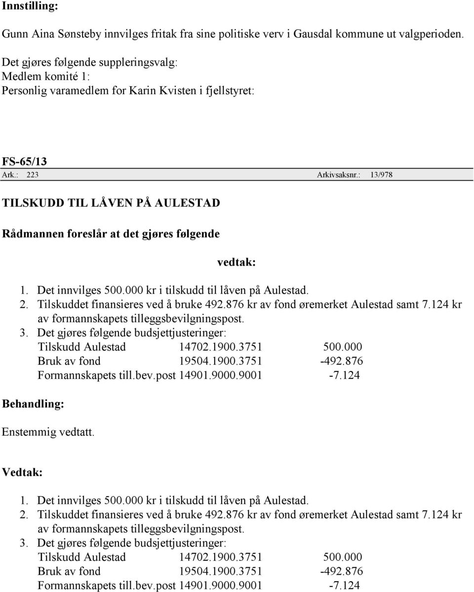 Det innvilges 500.000 kr i tilskudd til låven på Aulestad. 2. Tilskuddet finansieres ved å bruke 492.876 kr av fond øremerket Aulestad samt 7.124 kr av formannskapets tilleggsbevilgningspost. 3.