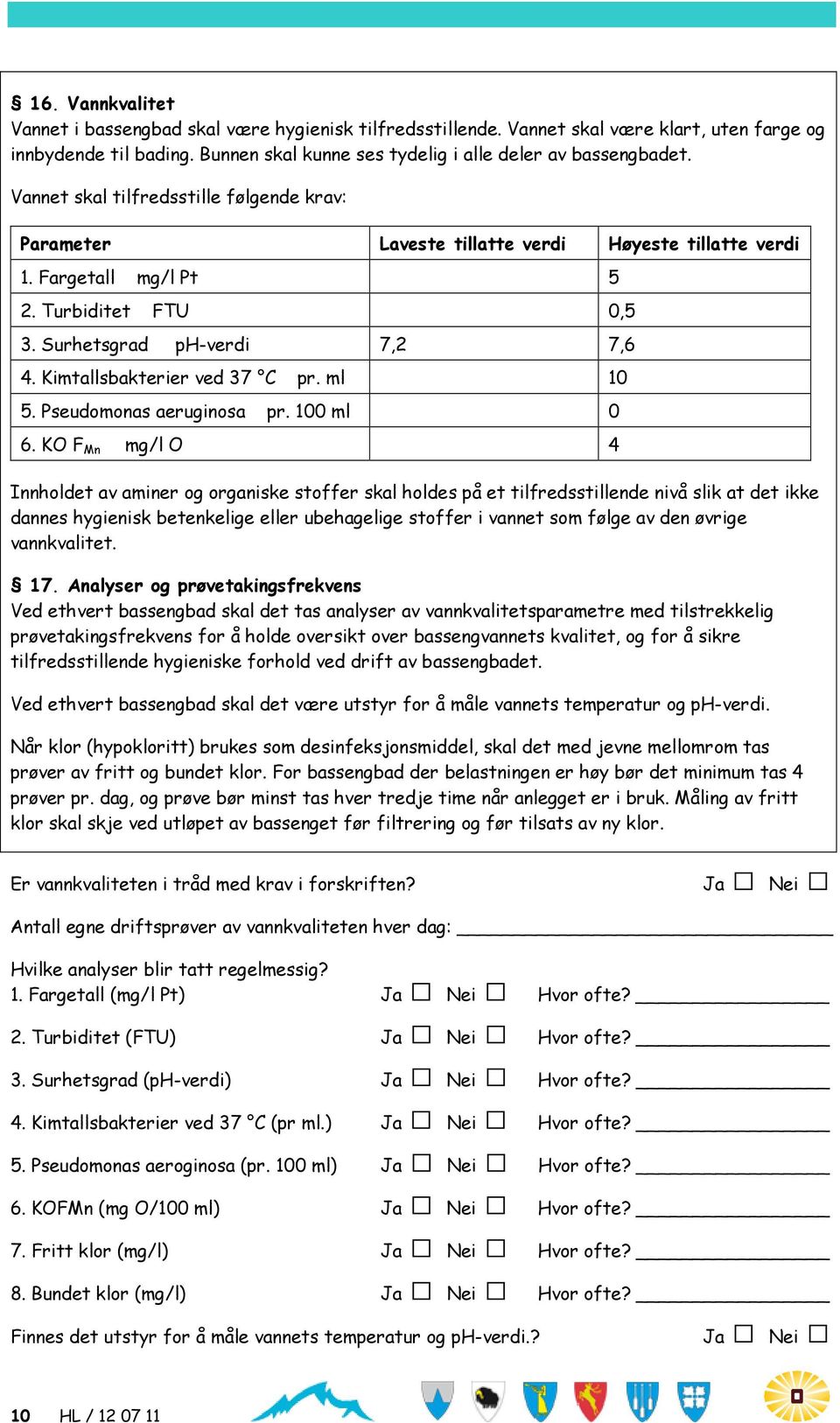 Kimtallsbakterier ved 37 C pr. ml 10 5. Pseudomonas aeruginosa pr. 100 ml 0 6.