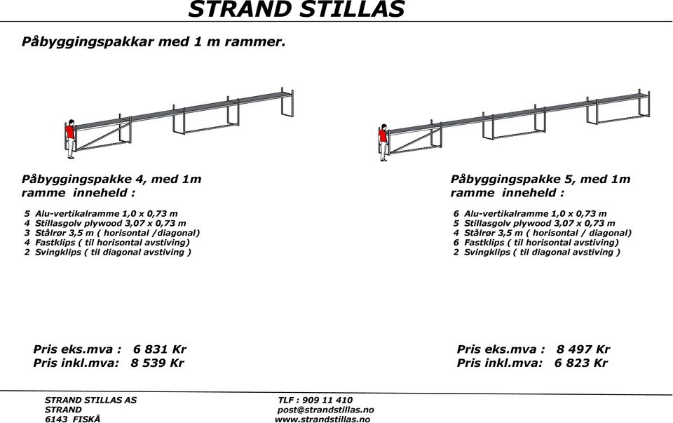 /diagonal) 4 Fastklips ( til horisontal avstiving) 2 Svingklips ( til diagonal avstiving ) Påbyggingspakke 5, med 1m ramme inneheld : 6