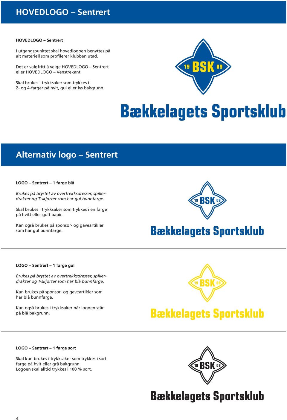 Alternativ logo Sentrert LOGO Sentrert 1 farge blå Brukes på brystet av overtrekksdresser, spillerdrakter og T-skjorter som har gul bunnfarge.