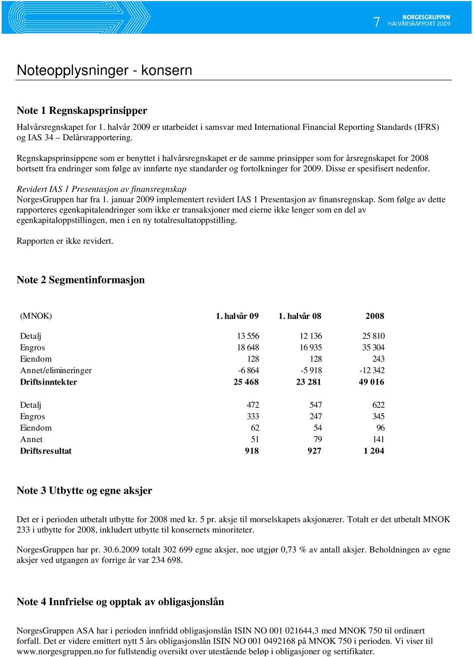 Regnskapsprinsippene som er benyttet i halvårsregnskapet er de samme prinsipper som for årsregnskapet for 2008 bortsett fra endringer som følge av innførte nye standarder og fortolkninger for 2009.