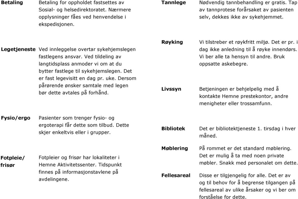 Ved tildeling av langtidsplass anmoder vi om at du bytter fastlege til sykehjemslegen. Det er fast legevisitt en dag pr. uke. Dersom pårørende ønsker samtale med legen bør dette avtales på forhånd.