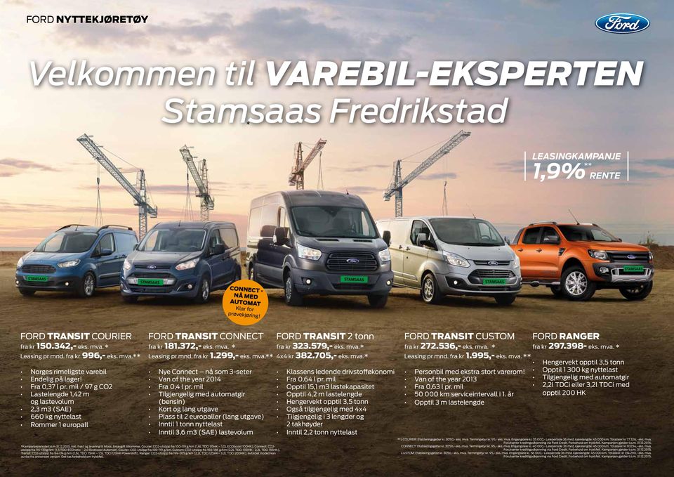 mil / 97 g CO2 Lastelengde 1,42 m og lastevolum 2,3 m3 (SAE) 660 kg nyttelast Rommer 1 europall FORD TRANSIT CONNECT Nye Connect nå som 3-seter Van of the year 2014 Fra 0,4 l pr.