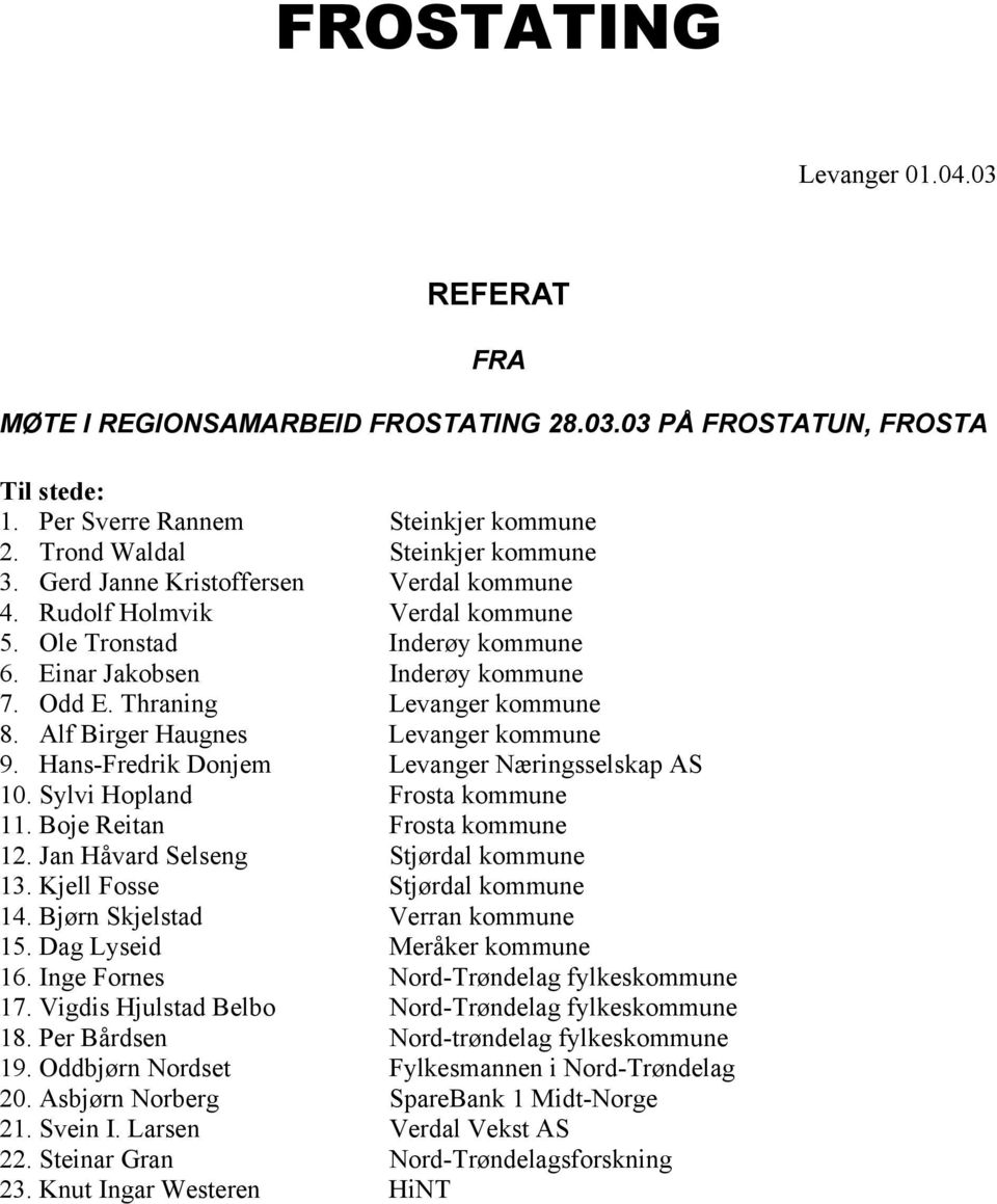 Alf Birger Haugnes Levanger kommune 9. Hans-Fredrik Donjem Levanger Næringsselskap AS 10. Sylvi Hopland Frosta kommune 11. Boje Reitan Frosta kommune 12. Jan Håvard Selseng Stjørdal kommune 13.