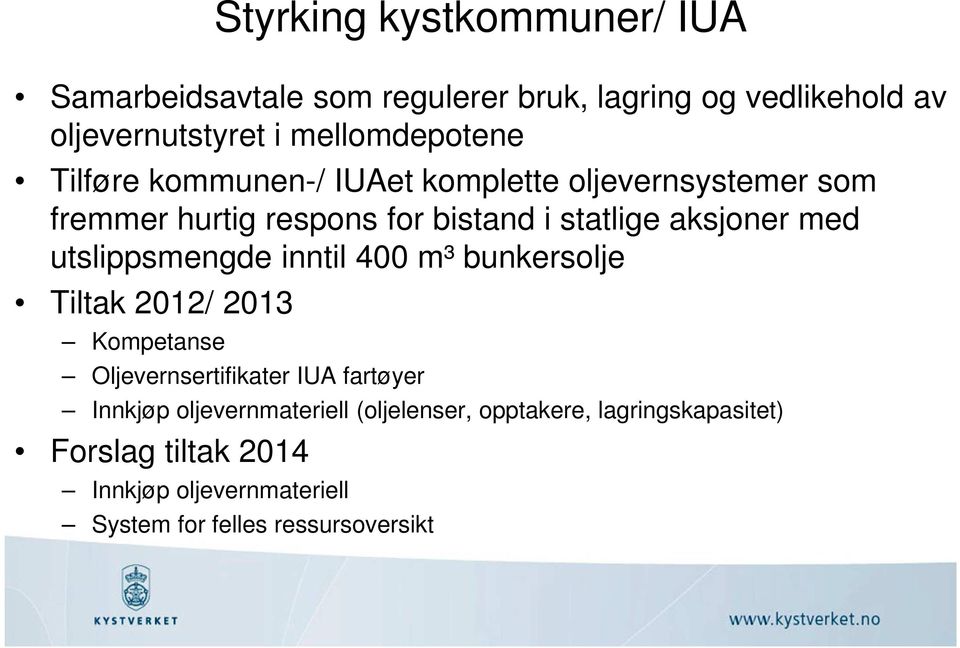 aksjoner med utslippsmengde inntil 400 m³ bunkersolje Tiltak 2012/ 2013 Kompetanse Oljevernsertifikater IUA fartøyer