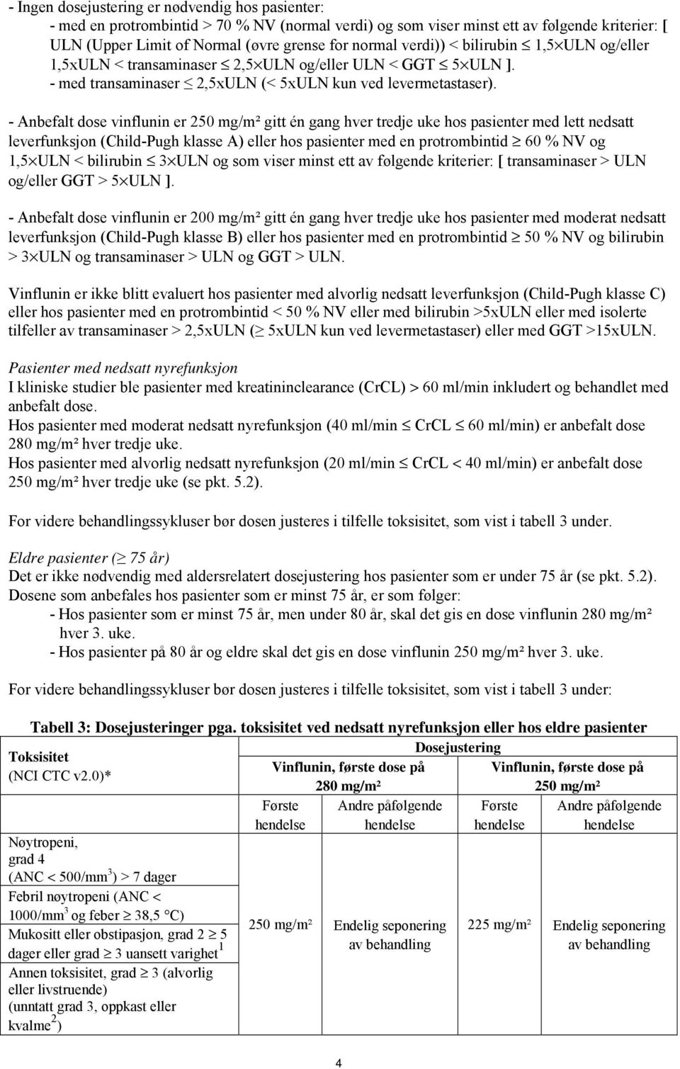 - Anbefalt dose vinflunin er 250 mg/m² gitt én gang hver tredje uke hos pasienter med lett nedsatt leverfunksjon (Child-Pugh klasse A) eller hos pasienter med en protrombintid 60 % NV og 1,5 ULN <