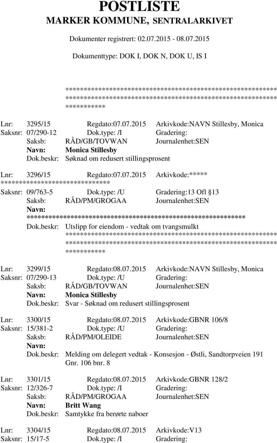 type: /U Gradering: Monica Stillesby Dok.beskr: Svar - Søknad om redusert stillingsprosent Lnr: 3300/15 Regdato:08.07.2015 Arkivkode:GBNR 106/8 Saksnr: 15/381-2 Dok.