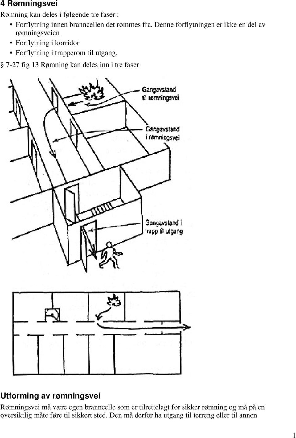 7-27 fig 13 Rømning kan deles inn i tre faser Utforming av rømningsvei Rømningsvei må være egen branncelle som er