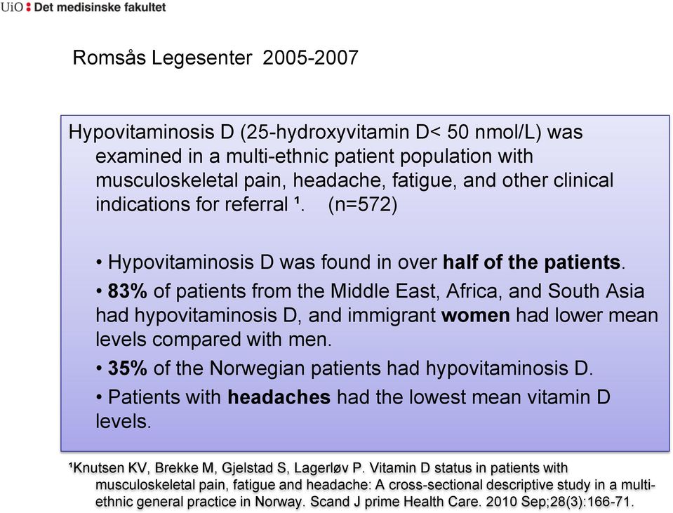 83% of patients from the Middle East, Africa, and South Asia had hypovitaminosis D, and immigrant women had lower mean levels compared with men. 35% of the Norwegian patients had hypovitaminosis D.