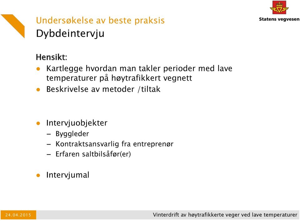 Beskrivelse av metoder /tiltak Intervjuobjekter Byggleder