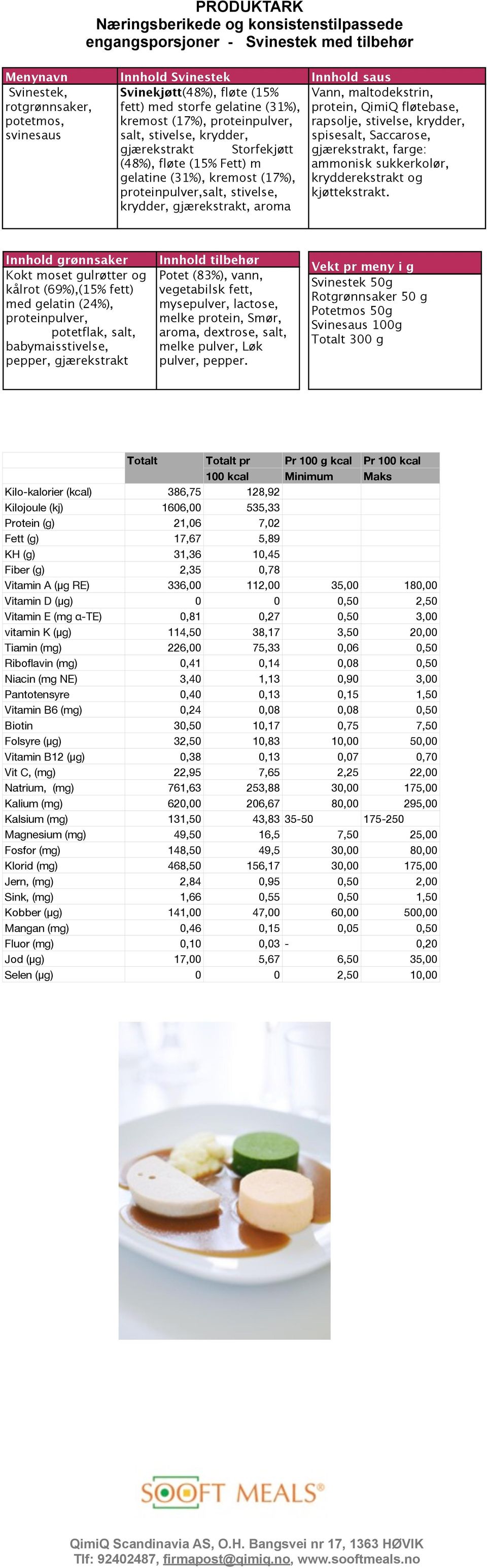 maltodekstrin, protein, QimiQ fløtebase, rapsolje, stivelse, krydder, spisesalt, Saccarose, gjærekstrakt, farge: ammonisk sukkerkolør, krydderekstrakt og kjøttekstrakt.